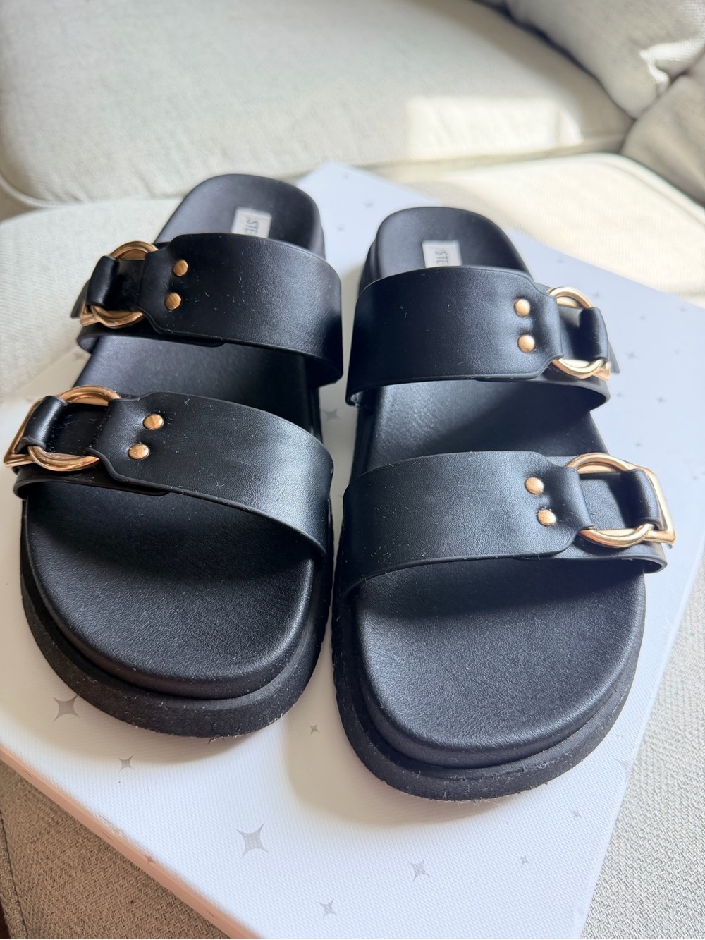 Steve Madden Women’s Black Double-Strap Slide Sandals with Gold Buckle